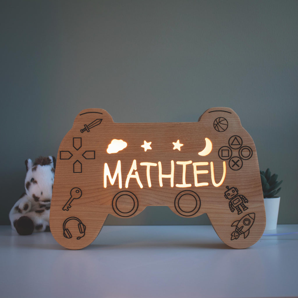 Personalized Wooden Gamer Controller Night Light, Engraved Name Gaming Lamp for 