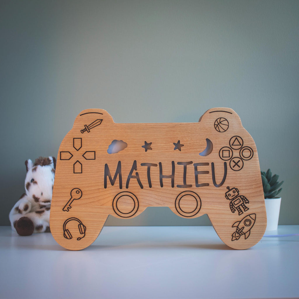 Personalized Wooden Gamer Controller Night Light, Engraved Name Gaming Lamp for 