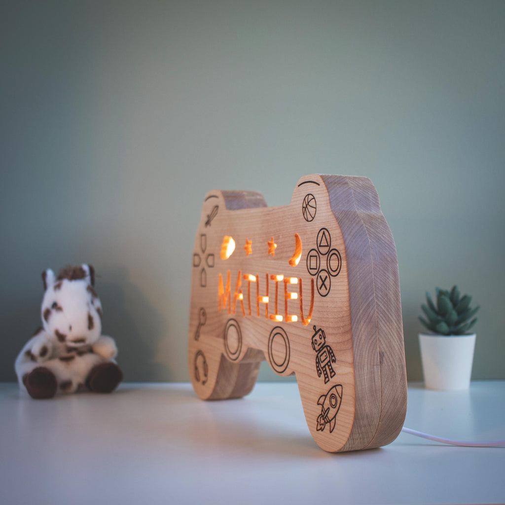 Personalized Wooden Gamer Controller Night Light, Engraved Name Gaming Lamp for 