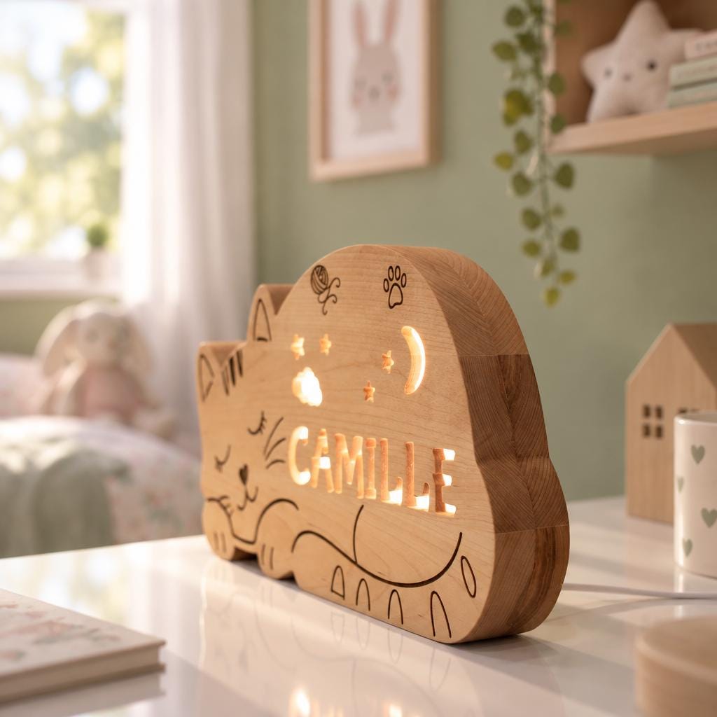 Personalized Cat Night Light Solid Wood, Engraved LED Name Lamp, Baby Shower Gif