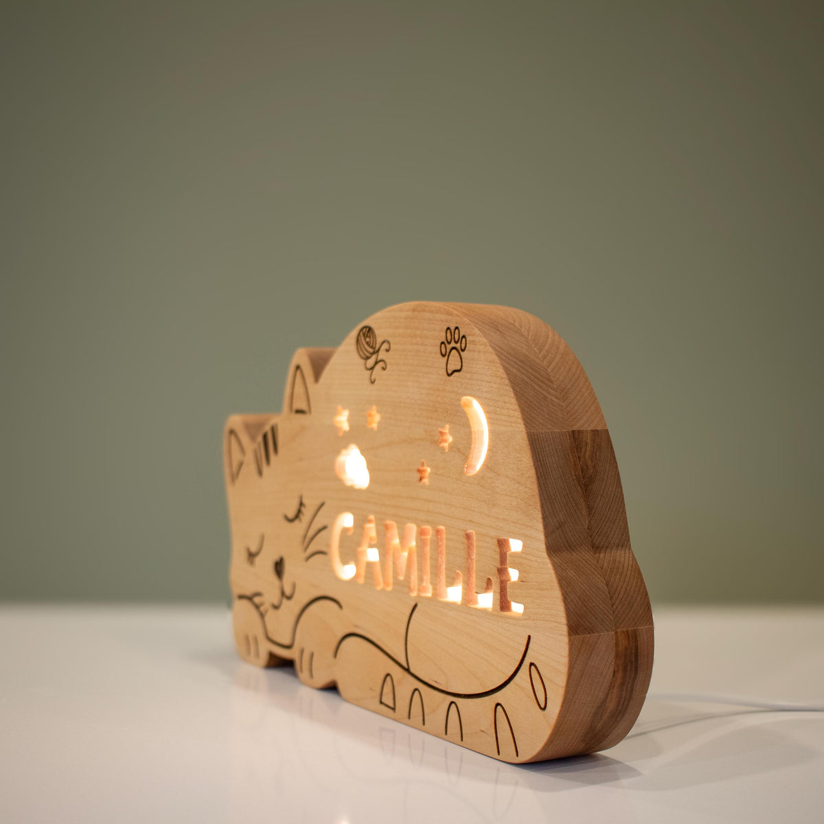 Personalized Cat Night Light Solid Wood, Engraved LED Name Lamp, Baby Shower Gif