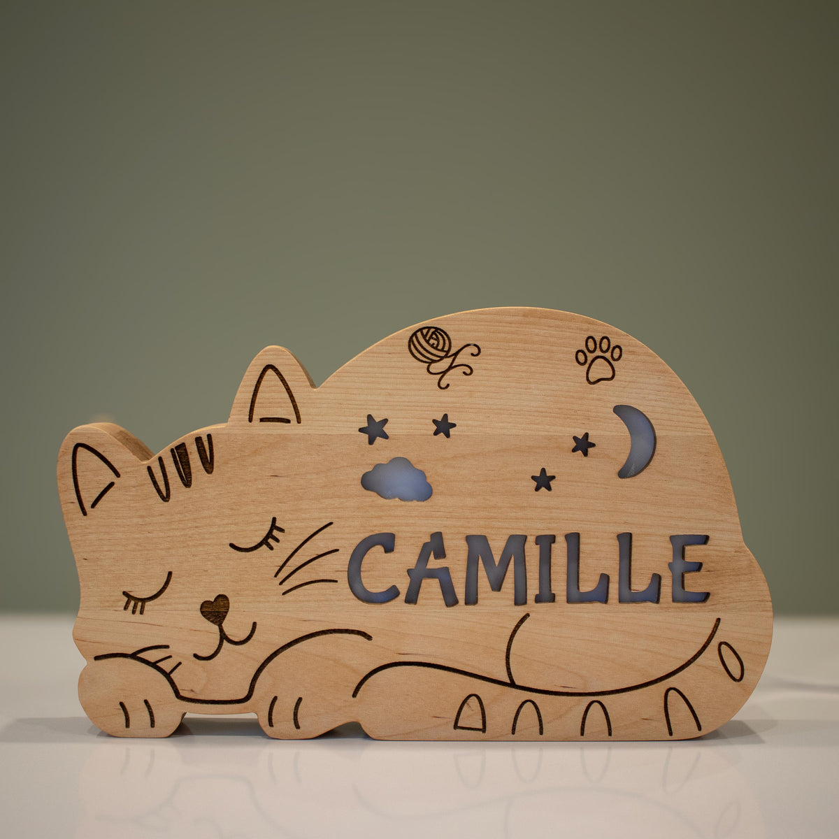 Personalized Cat Night Light Solid Wood, Engraved LED Name Lamp, Baby Shower Gif