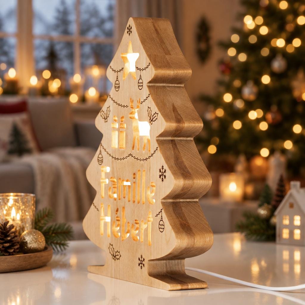 Personalized Christmas Tree Night Light, Wooden Family Name Lamp, Christmas Gift