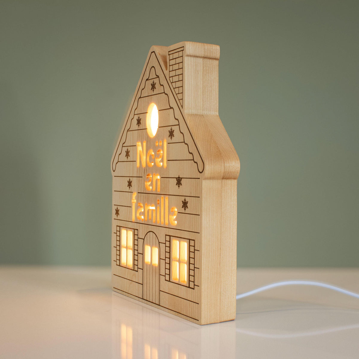 Personalized Wooden Christmas House Night Light, Custom Family Name, Solid Birch