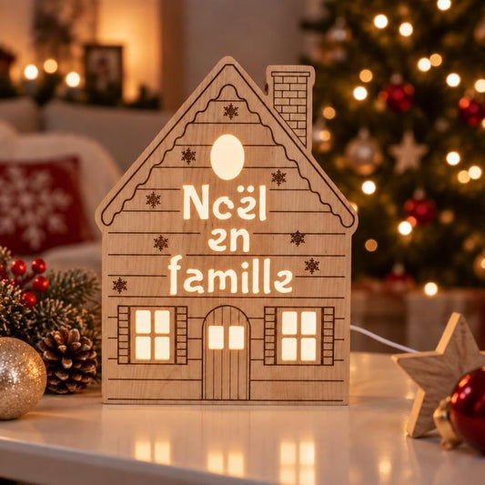 Personalized Wooden Christmas House Night Light, Custom Family Name, Solid Birch