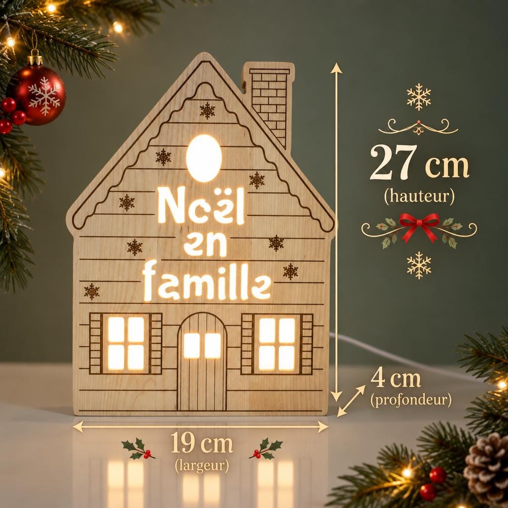 Personalized Wooden Christmas House Night Light, Custom Family Name, Solid Birch