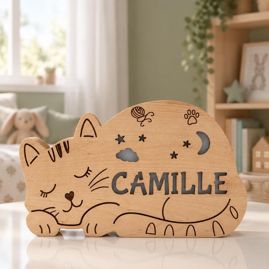 Personalized Cat Night Light Solid Wood, Engraved LED Name Lamp, Baby Shower Gif