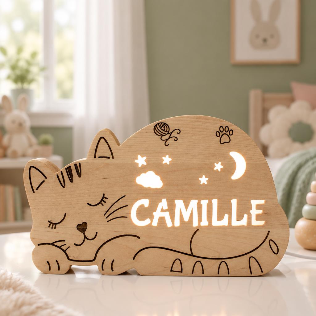 Personalized Cat Night Light Solid Wood, Engraved LED Name Lamp, Baby Shower Gif