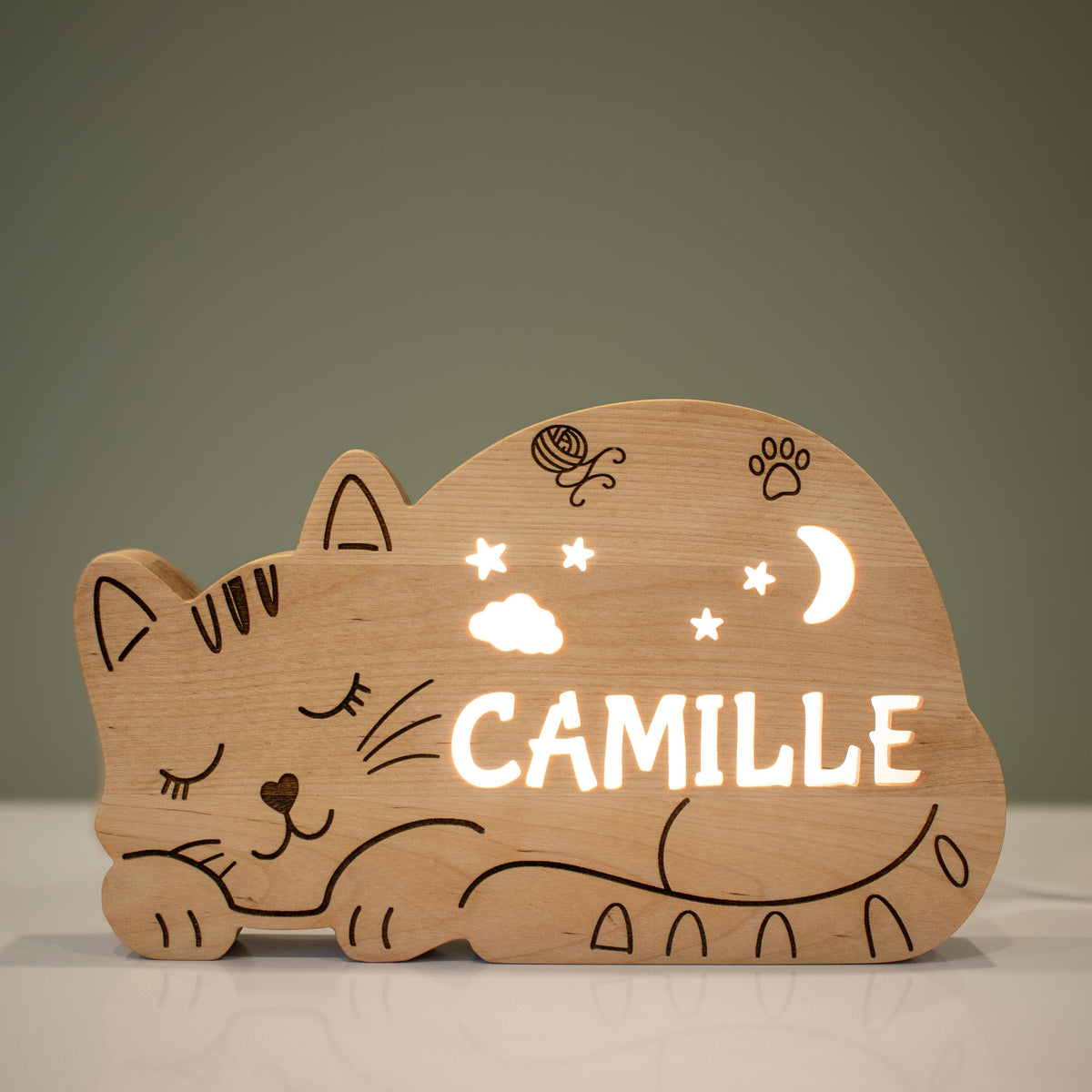 Personalized Cat Night Light Solid Wood, Engraved LED Name Lamp, Baby Shower Gif