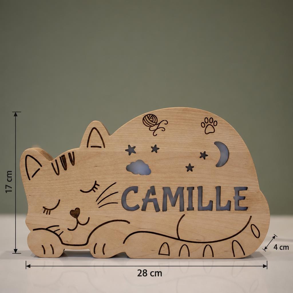 Personalized Cat Night Light Solid Wood, Engraved LED Name Lamp, Baby Shower Gif