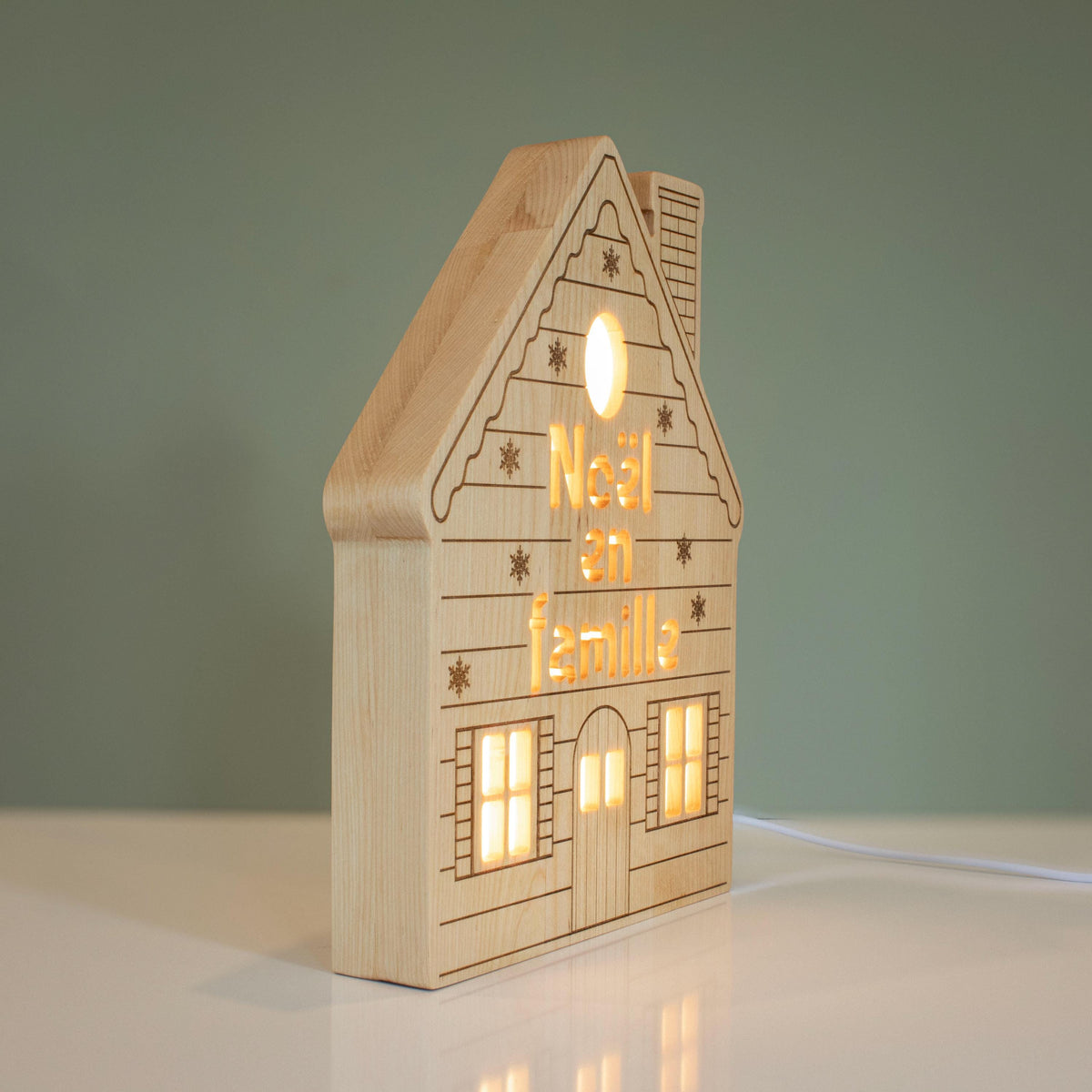 Personalized Wooden Christmas House Night Light, Custom Family Name, Solid Birch
