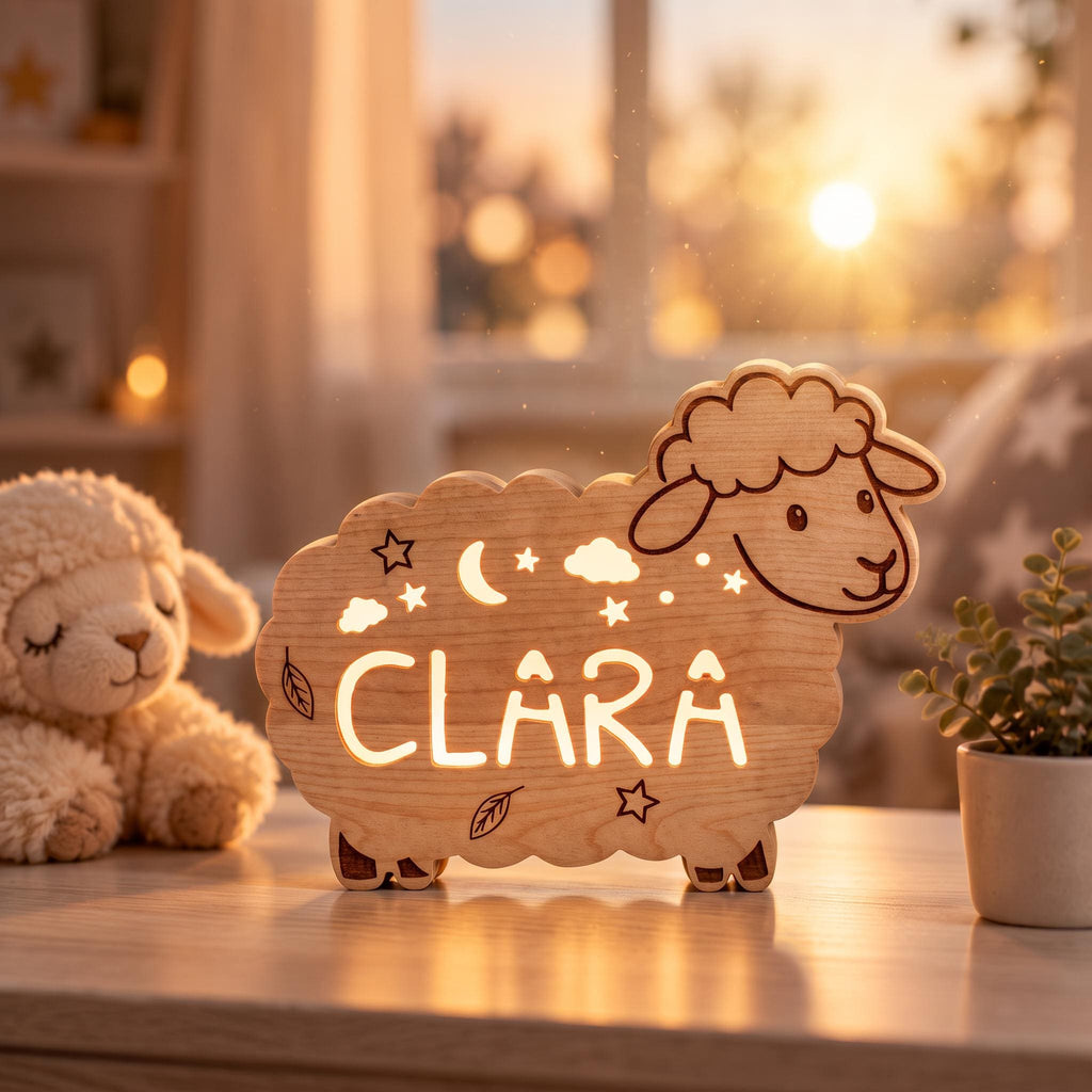 Personalized Sheep Night Light, Solid Wood, Dimmable LED Name Lamp (Baby Nursery