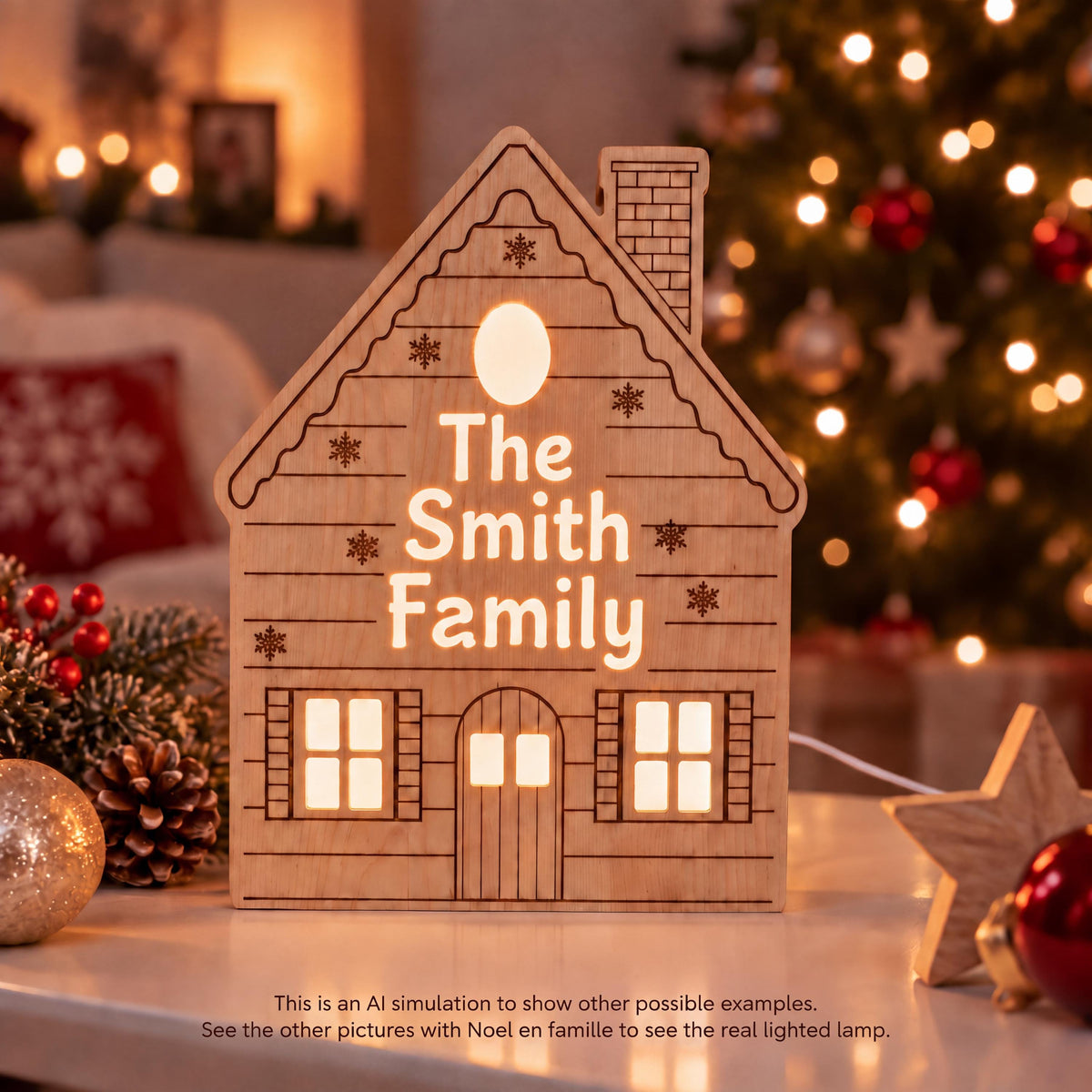 Personalized Wooden Christmas House Night Light, Custom Family Name, Solid Birch