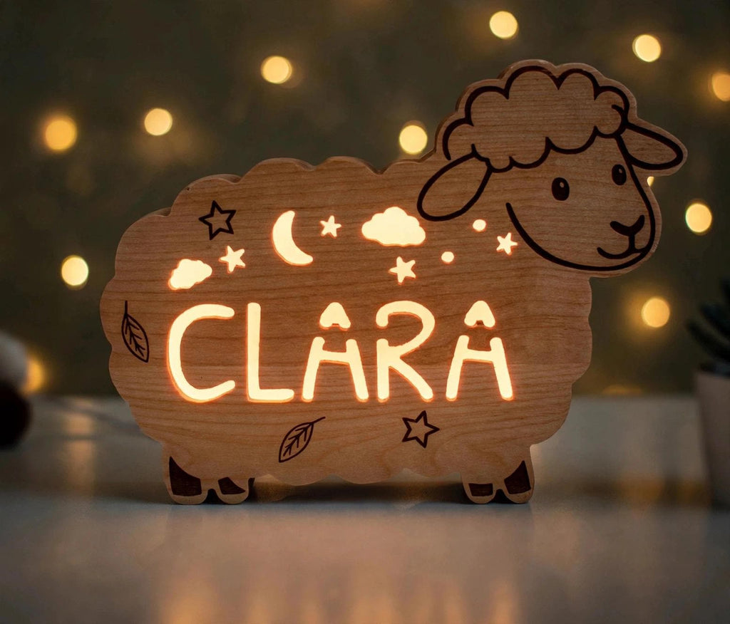 Personalized Sheep Night Light, Solid Wood, Dimmable LED Name Lamp (Baby Nursery