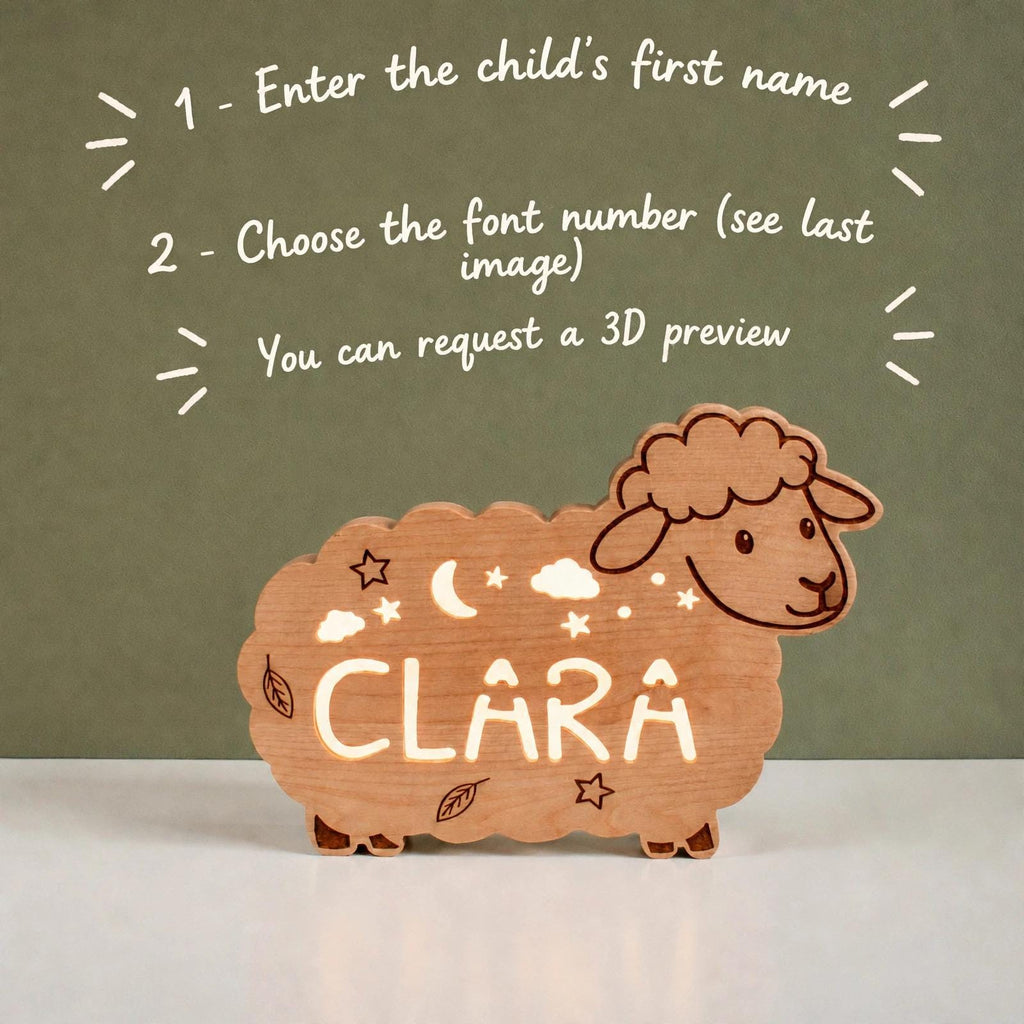 Personalized Sheep Night Light, Solid Wood, Dimmable LED Name Lamp (Baby Nursery