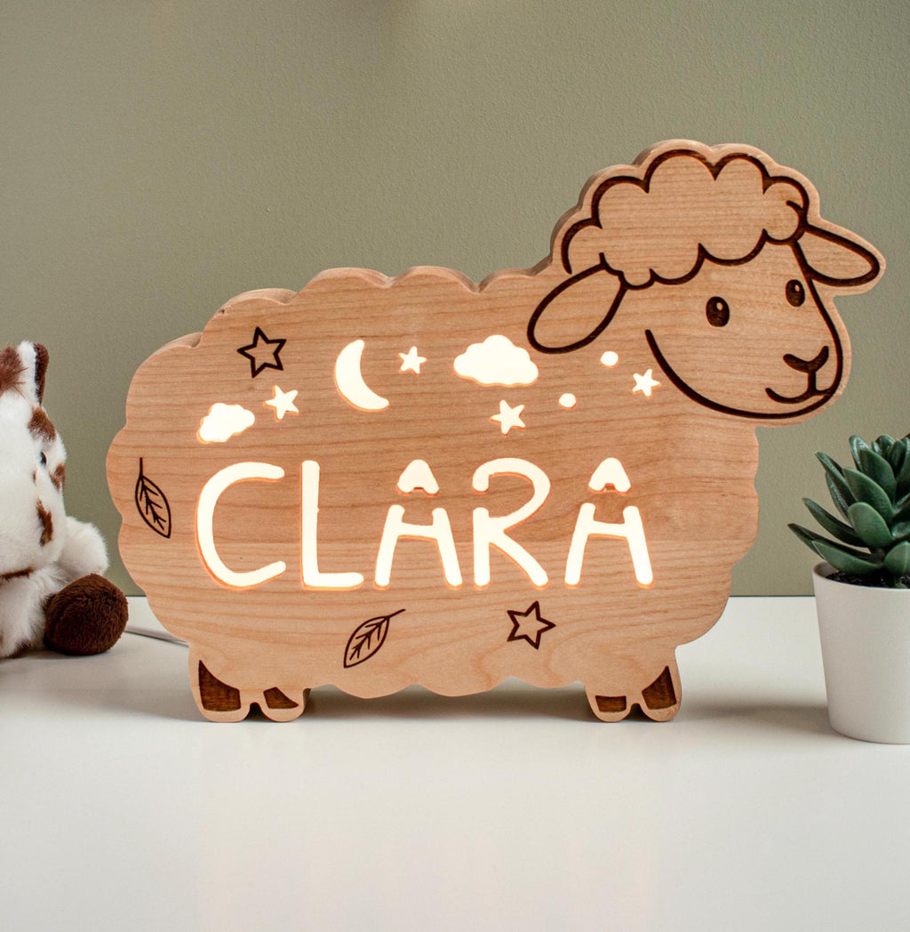Personalized Sheep Night Light, Solid Wood, Dimmable LED Name Lamp (Baby Nursery