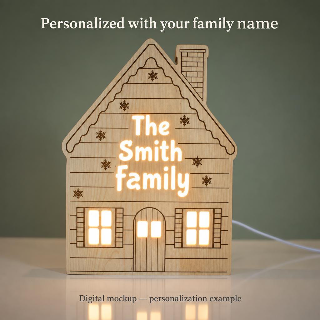 Personalized Wooden Christmas House Night Light, Custom Family Name, Solid Birch