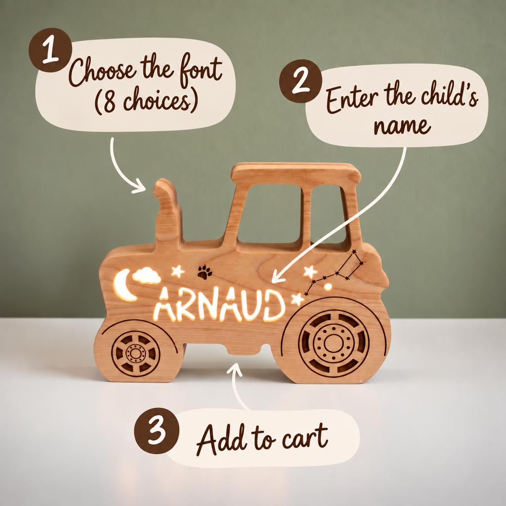 Tractor Night Light, Personalized Wooden Kids Lamp, Custom Baby Name Light, Farm
