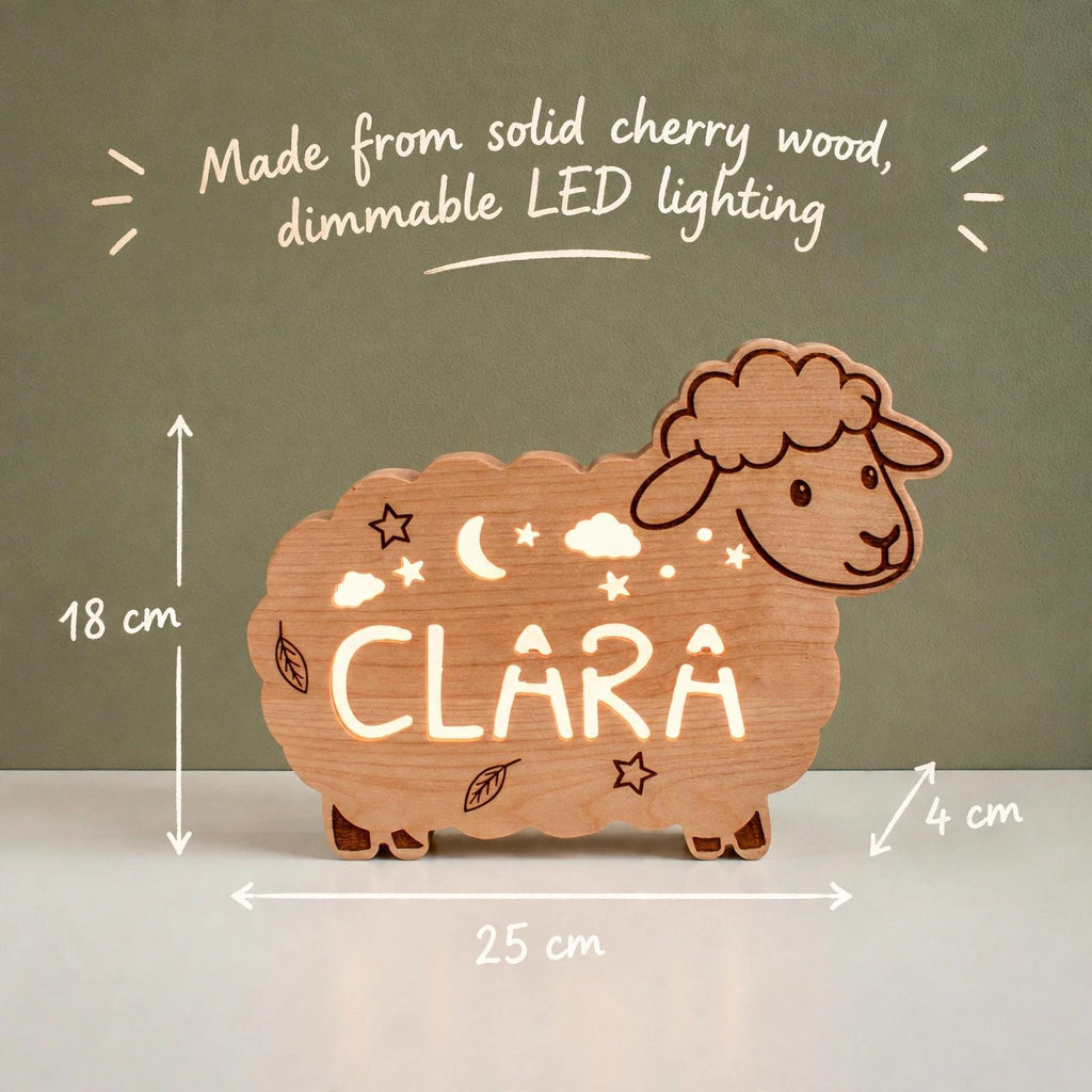 Personalized Sheep Night Light, Solid Wood, Dimmable LED Name Lamp (Baby Nursery