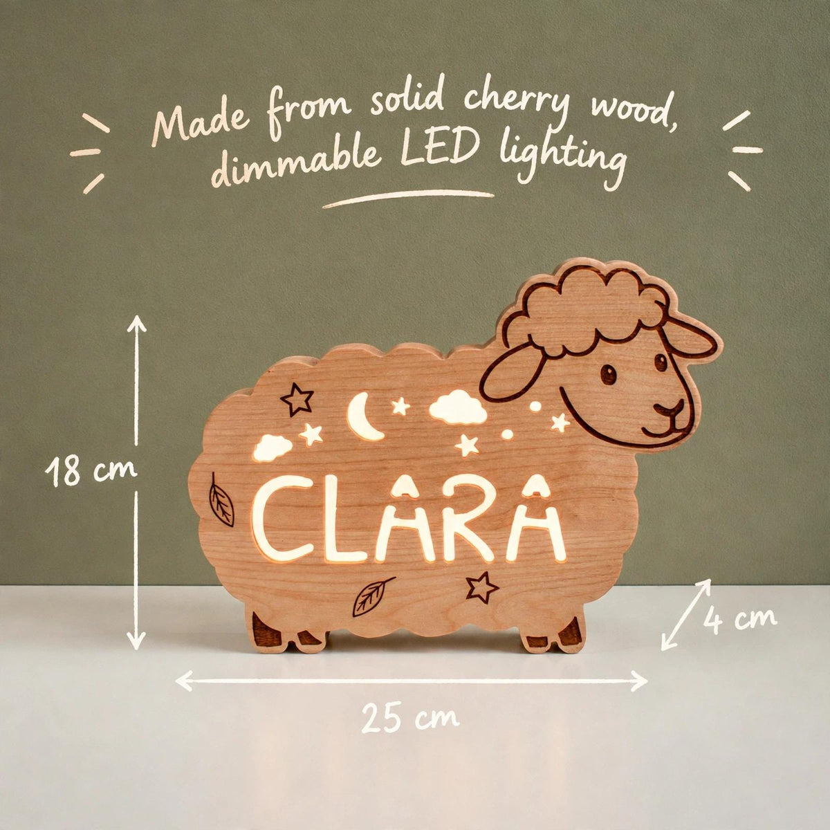 Personalized Sheep Night Light, Solid Wood, Dimmable LED Name Lamp (Baby Nursery